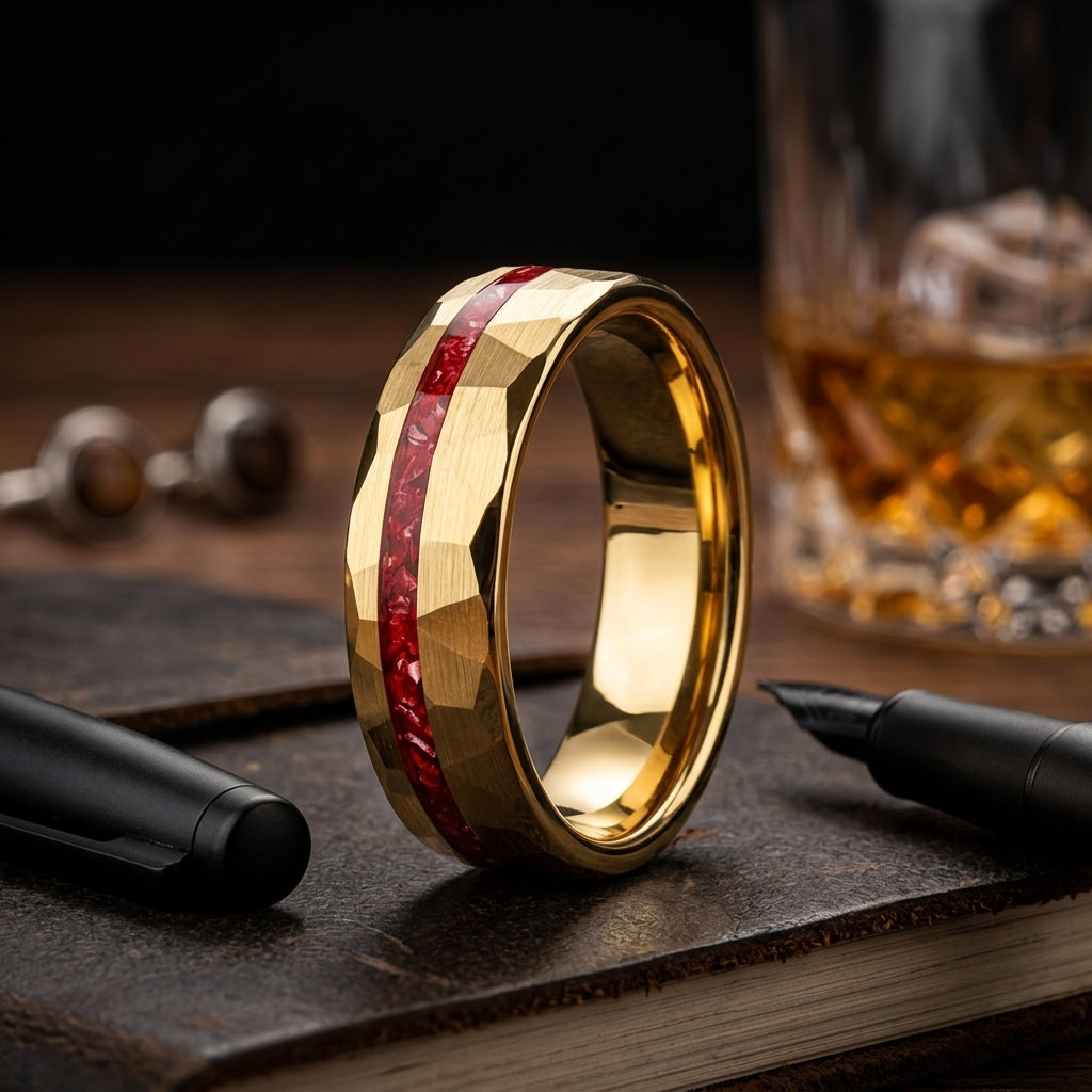 Tungsten Ring with Red Stone Inlay