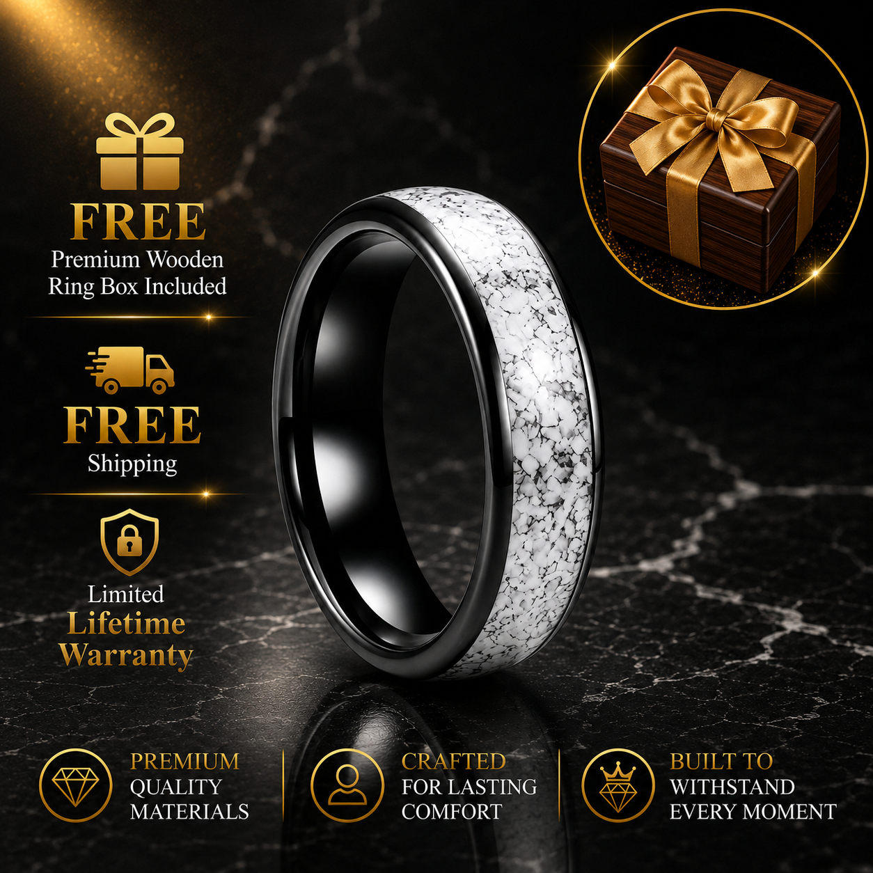 Tungsten Ring with White Turquoise Inlay