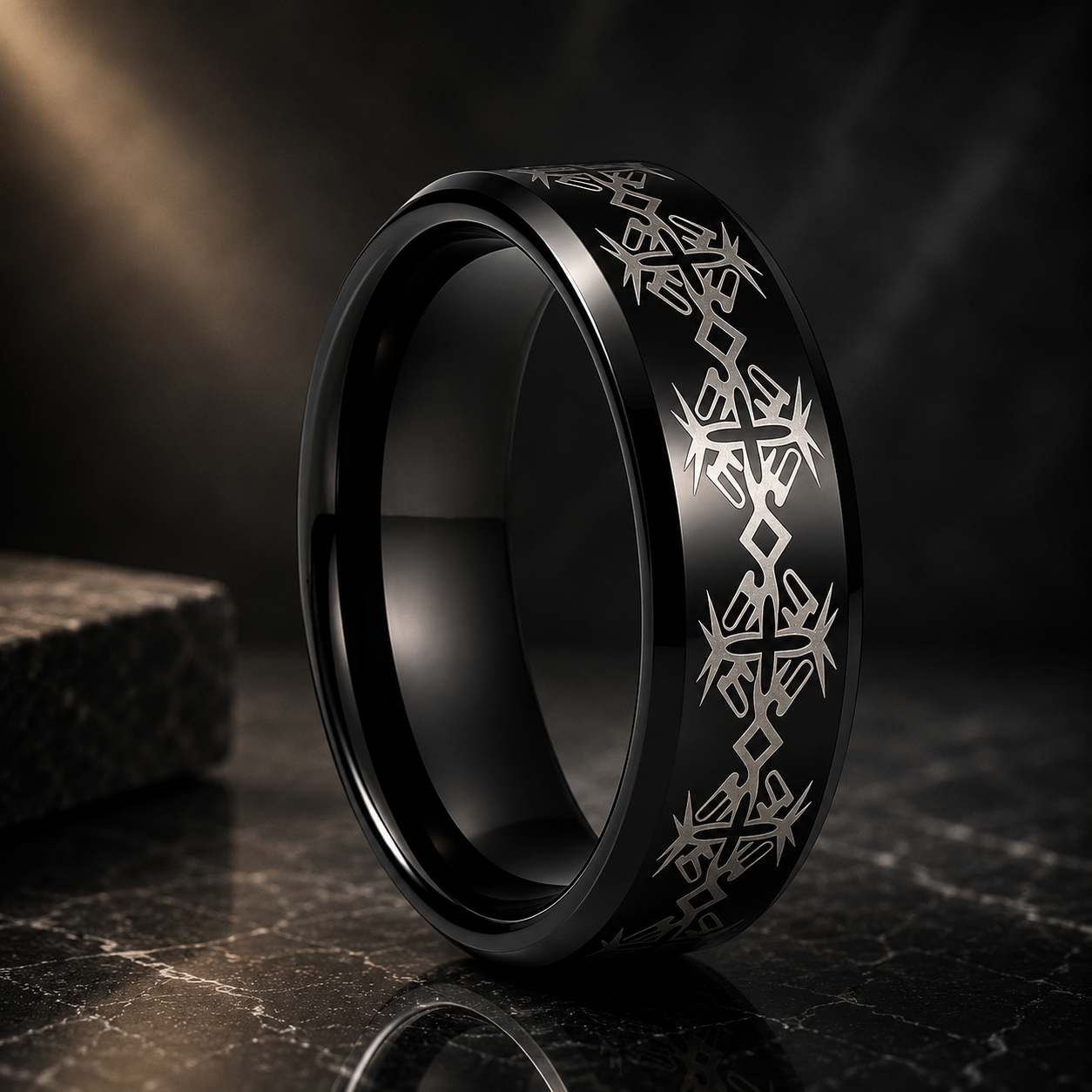 Tungsten Ring with Cross Totem Laser Engraving