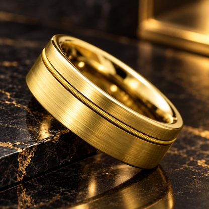 Tungsten Ring with Gold Guitar String Inlay