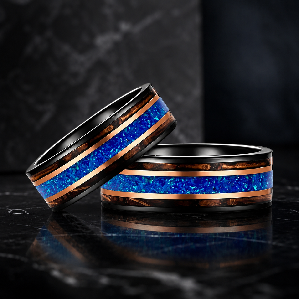 Tungsten Ring with Opal & Whiskey Barrel Wood Inlay