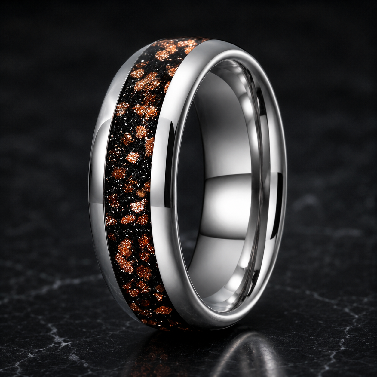 Tungsten Ring with Red Goldstone Nebula Inlay
