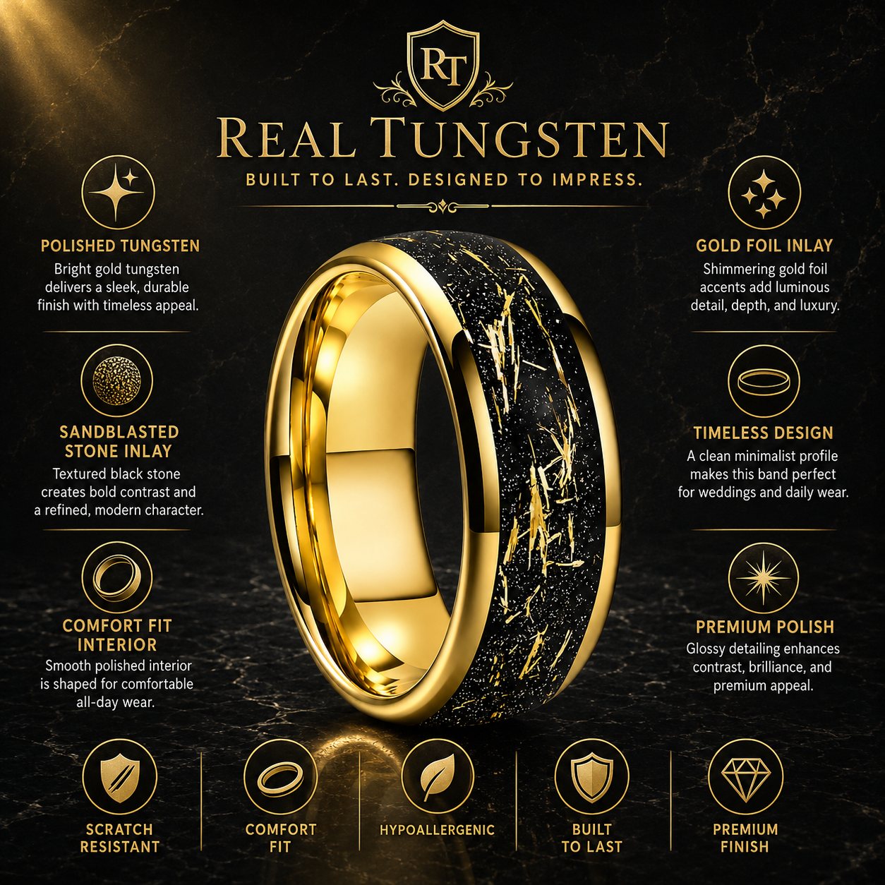 Tungsten Ring with Sandblasted Stone and Gold Foil Inlay