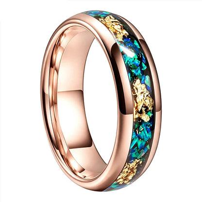 Tungsten Ring with Blue Opal and Gold Foil Inlay