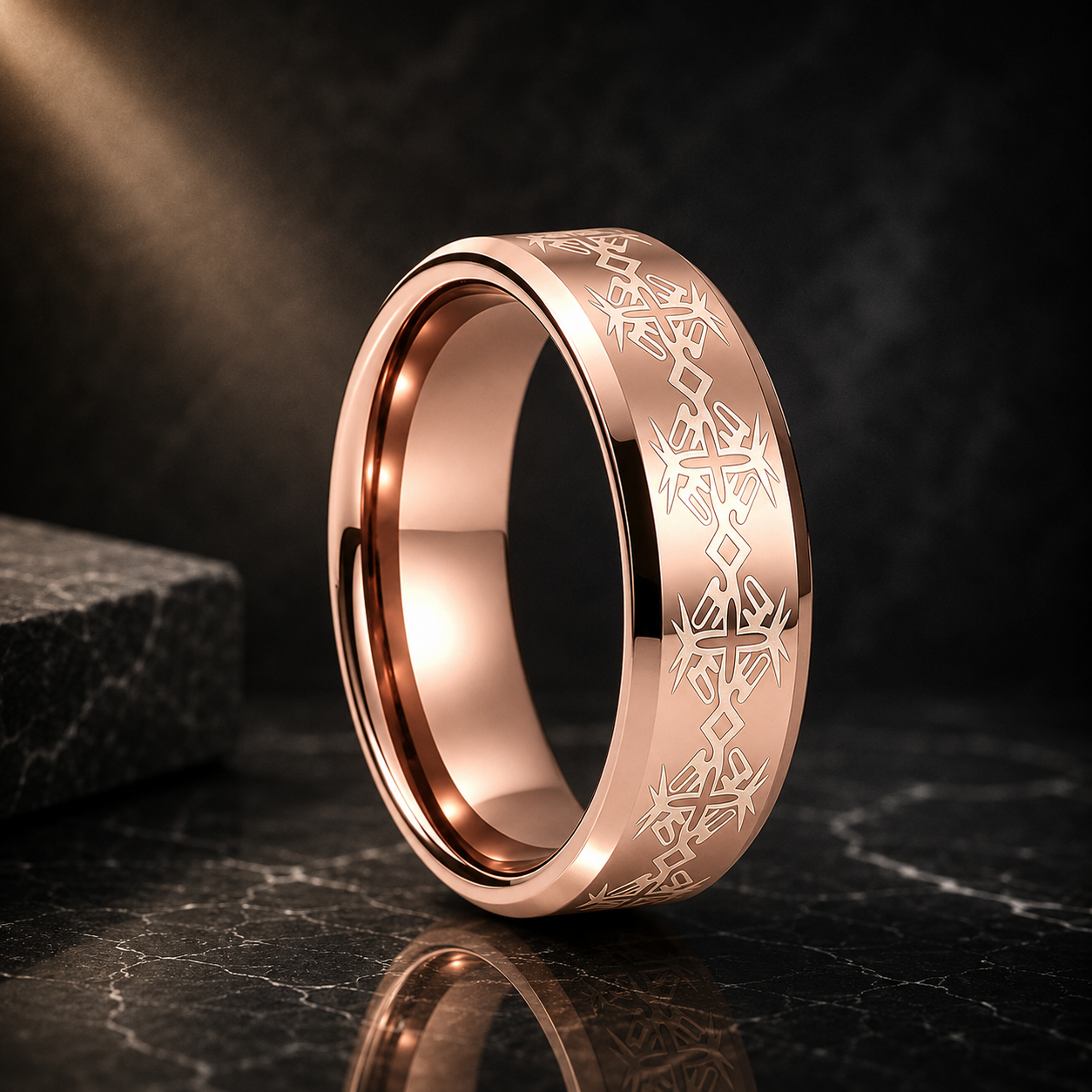 Tungsten Ring with Cross Totem Laser Engraving