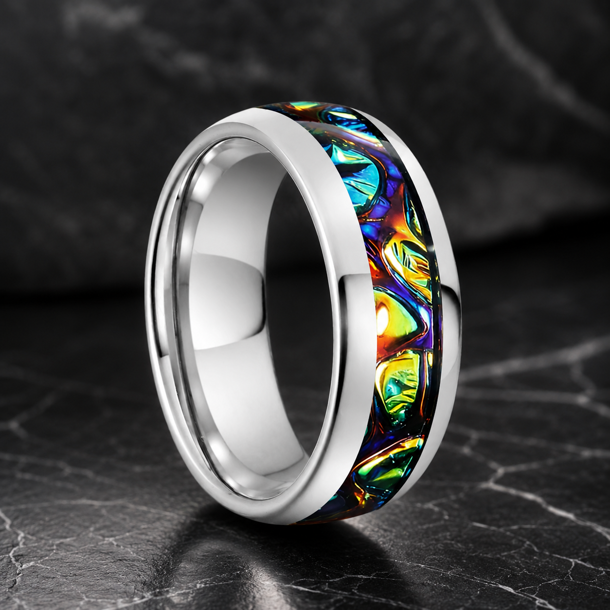 Tungsten Ring with Dragon Burl Dichrolam Inlay
