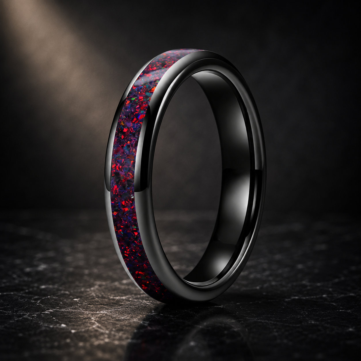 Tungsten Ring with Fire Opal Inlay