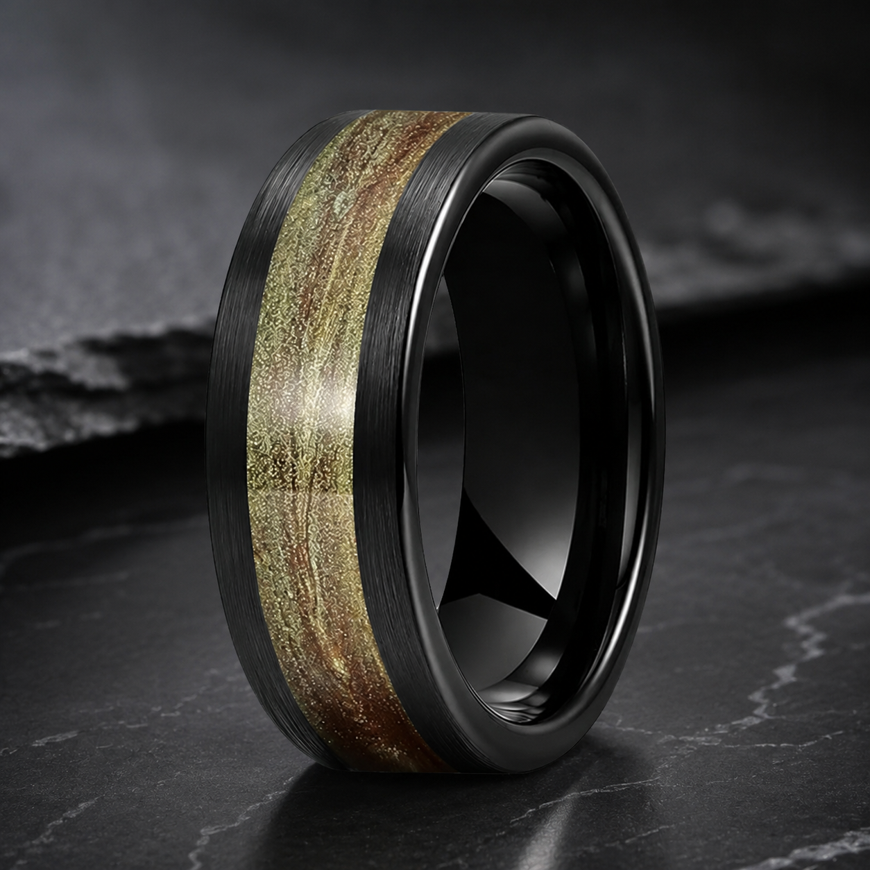 Tungsten Ring with Flowing Sand & Green Grass Agate Inlay