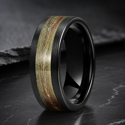 Tungsten Ring with Flowing Sand & Green Grass Agate Inlay
