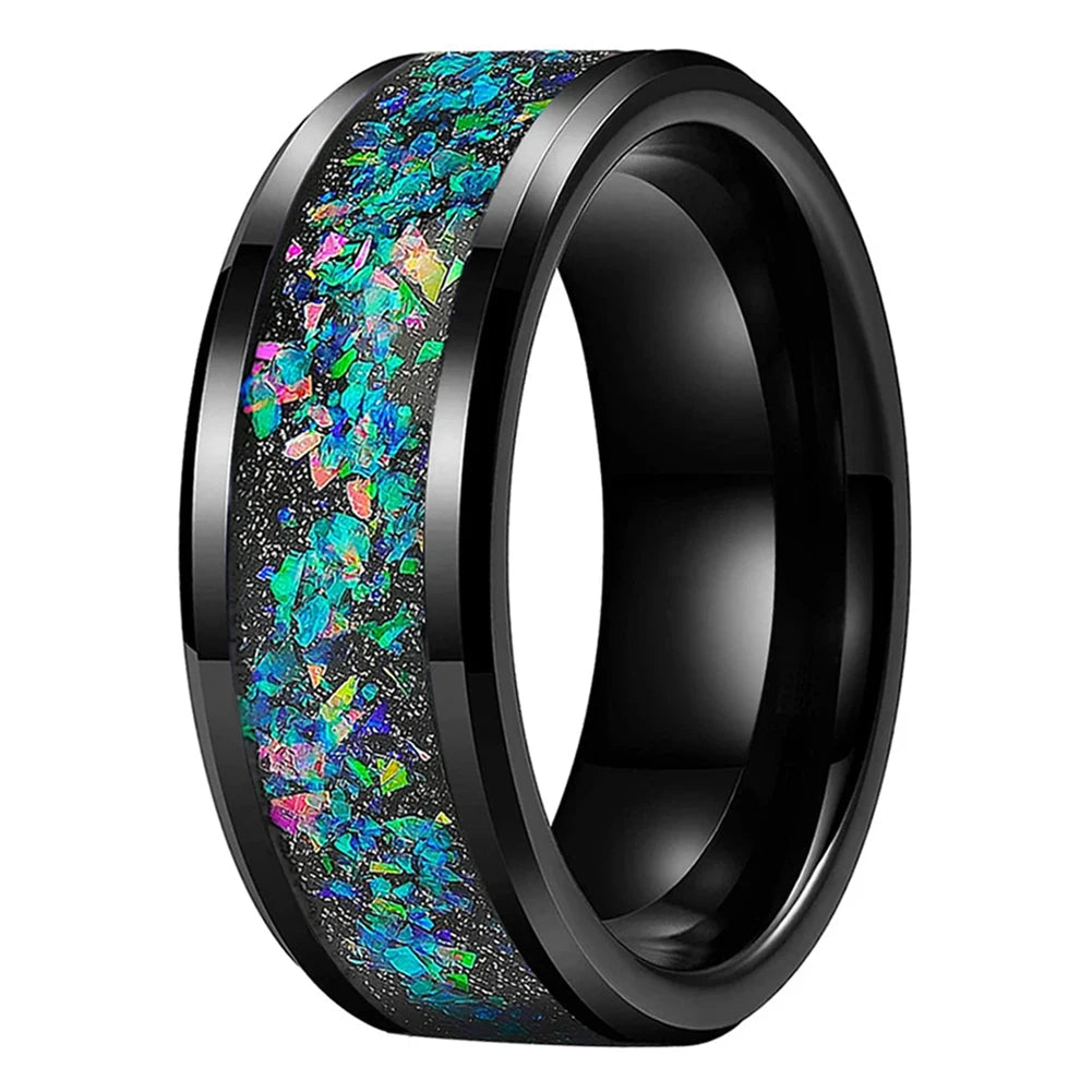 Tungsten Ring with Galaxy Iridescent Opal Inlay