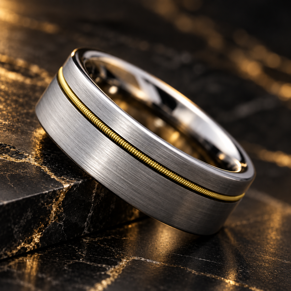 Tungsten Ring with Gold Guitar String Inlay