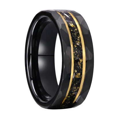 Tungsten Ring with Golden Meteorite Foil & Opal Inlay (8mm)