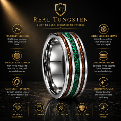 Tungsten Ring with Green Crushed Stone and Whiskey Barrel Wood Inlay