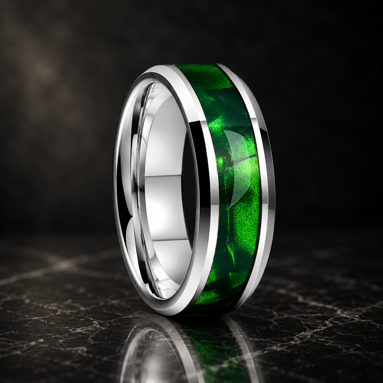 Tungsten Ring with Green Olive Shell Texture Inlay
