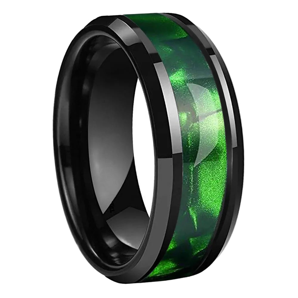 Tungsten Ring with Green Olive Shell Texture Inlay