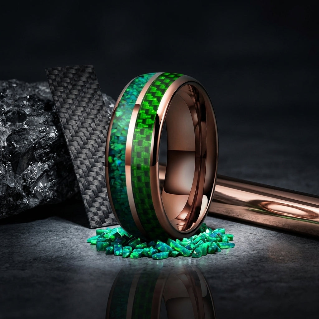 8MM Tungsten Ring with Green Opal & Carbon Fiber Inlay
