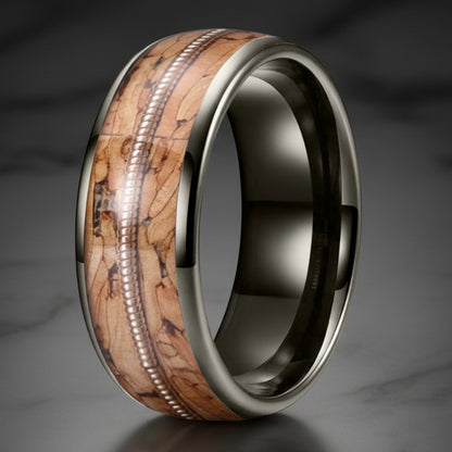 Tungsten Ring with Guitar String & Brown Wood Inlay