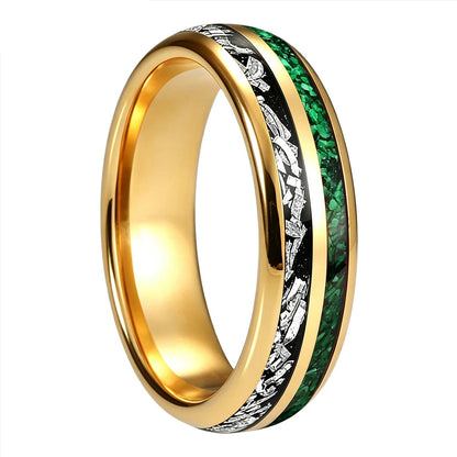 Tungsten Ring with Meteorite & Green Stone Inlay