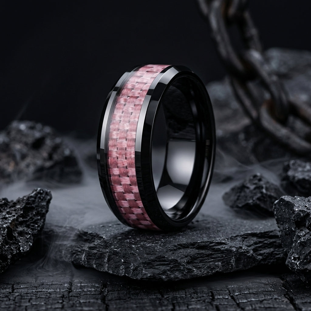 Tungsten Ring with Pink Carbon Fiber Inlay
