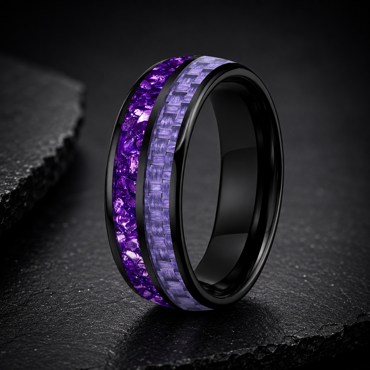Tungsten Ring with Purple Carbon Fiber & Crystal Stone Inlay