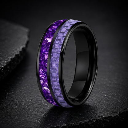Tungsten Ring with Purple Carbon Fiber & Crystal Stone Inlay