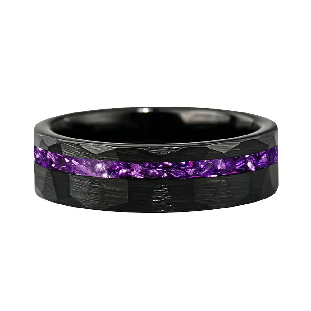 Tungsten Ring with Purple Glass Stone Inlay