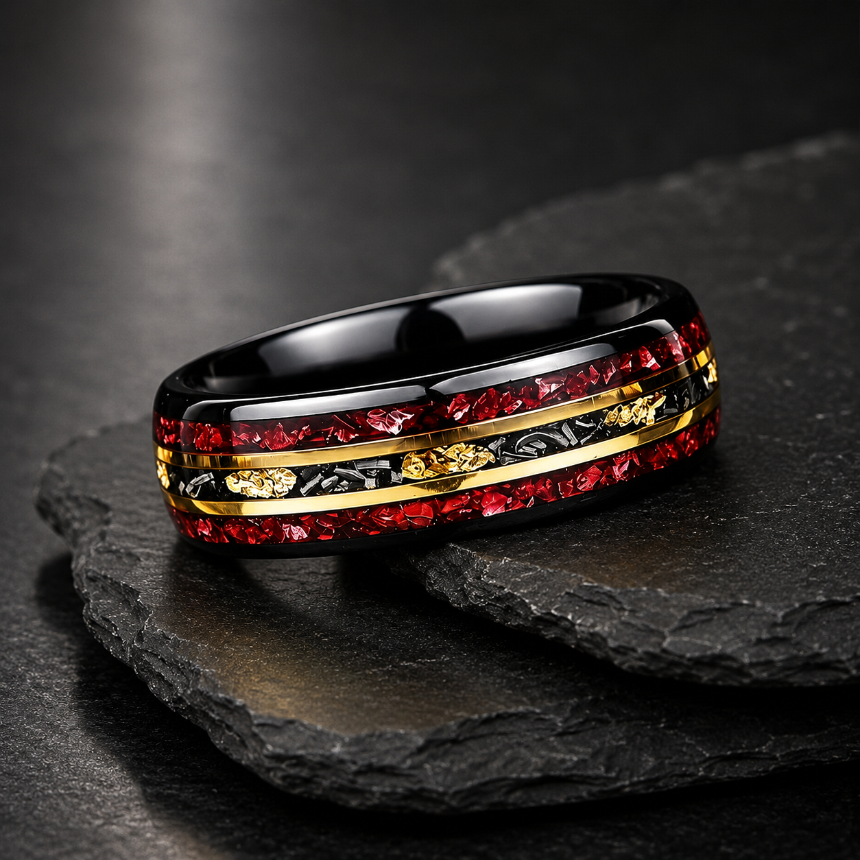 Tungsten Ring with Red Garnet & Meteorite Inlay