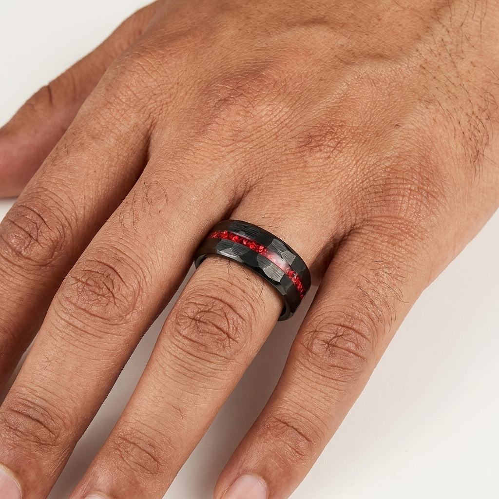 Tungsten Ring with Red Stone Inlay