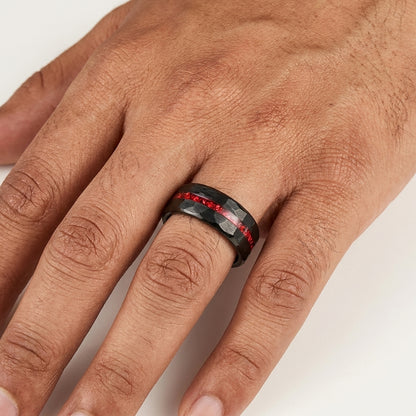Tungsten Ring with Red Stone Inlay