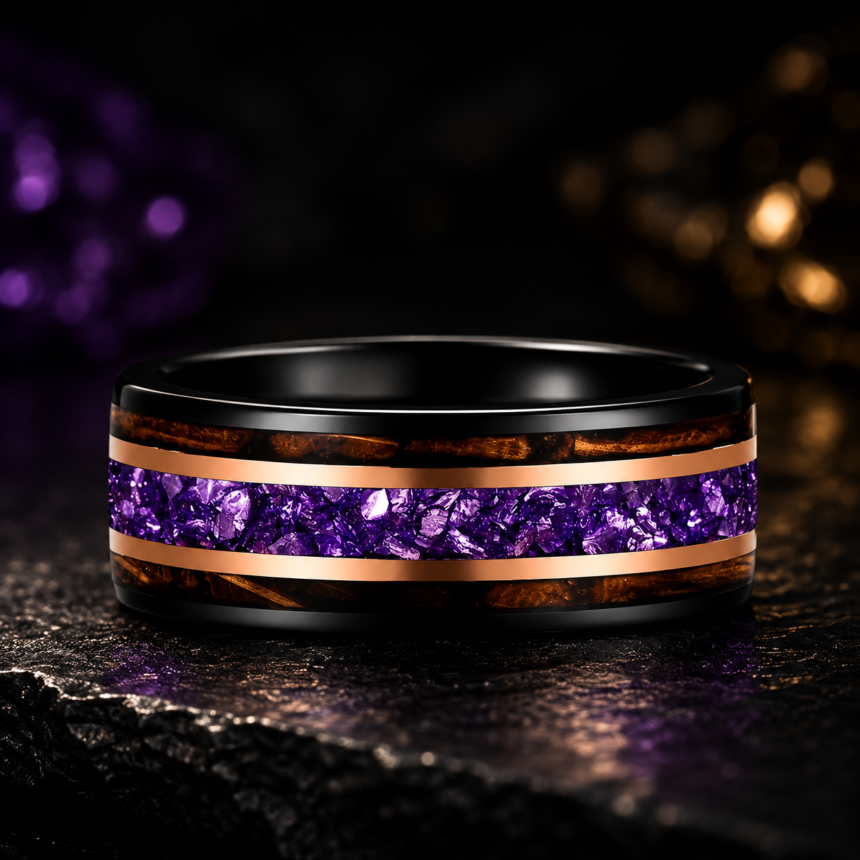 Tungsten Ring with Whiskey Barrel Wood & Rose Gold Stripes