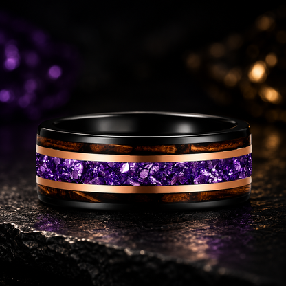 Tungsten Ring with Whiskey Barrel Wood & Rose Gold Stripes