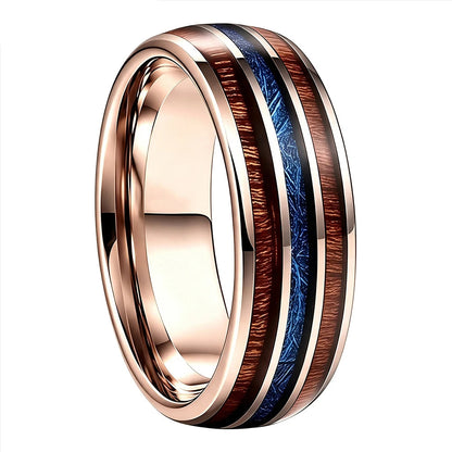 Tungsten Ring with Wood and Blue Meteorite Inlay