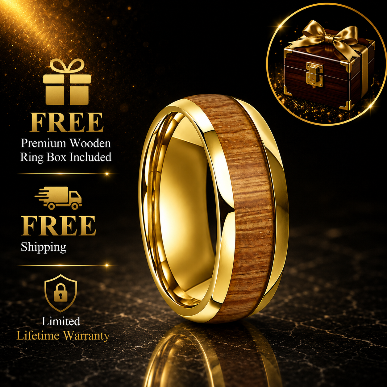 Tungsten Ring with Yellow Peach Wood Inlay