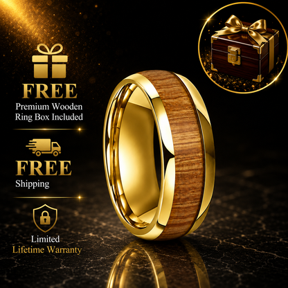 Tungsten Ring with Yellow Peach Wood Inlay