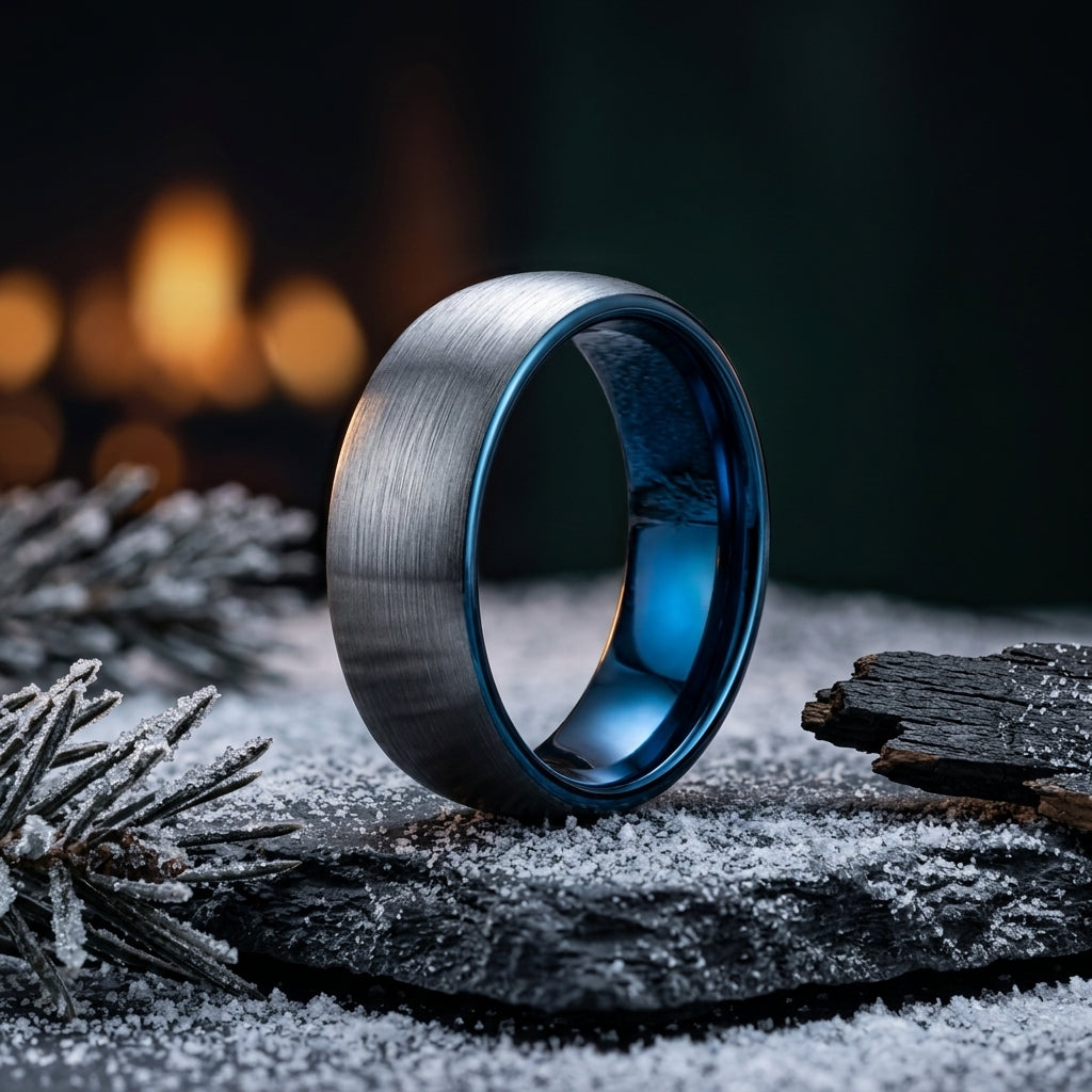 7mm Tungsten Wedding Band Brushed Blue Silver