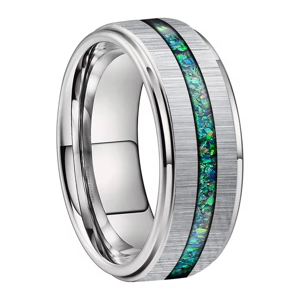 Tungsten Wedding Band with Real Green Opal Inlay