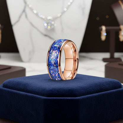 8MM Tungsten Wedding Band with True Blue Galaxy Opal Inlay