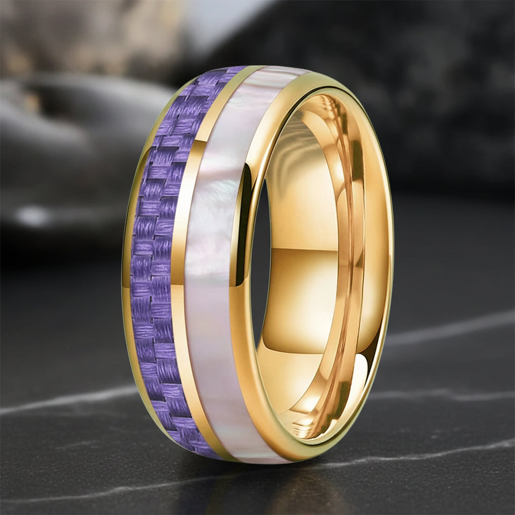 8MM Tungsten ring with Purple Carbon Fiber & Pink Abalone Inlay