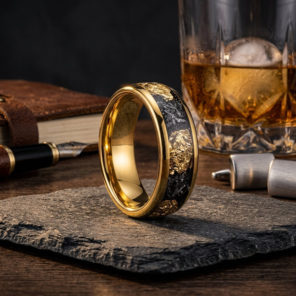Tungsten Band with Gold Leaf & Meteorite