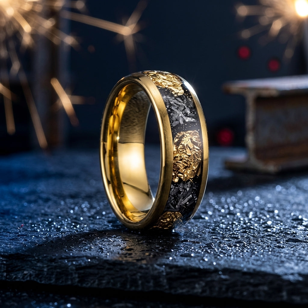 Tungsten Band with Gold Leaf & Meteorite