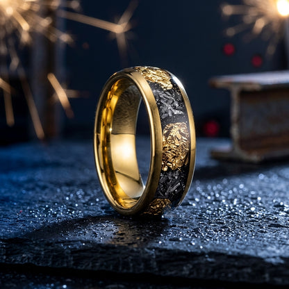Tungsten Band with Gold Leaf & Meteorite