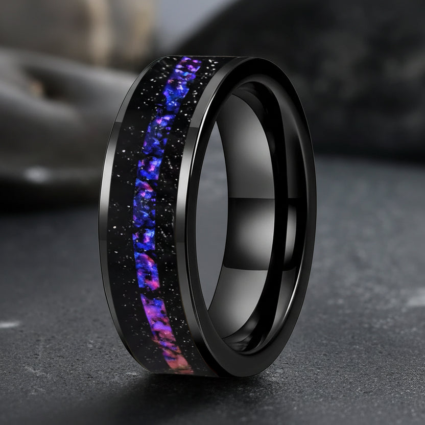 Tungsten Black ring with purple and blue inlay
