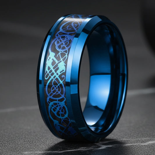 Tungsten Blue Dragon Ring with Carbon Fiber