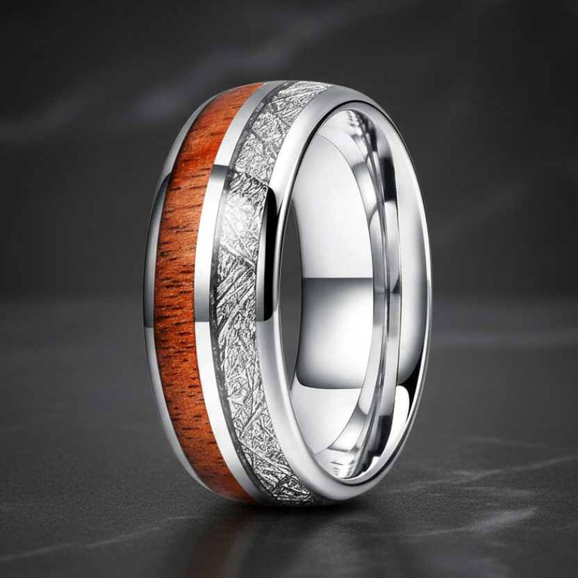 Tungsten Carbide Ring with Meteorite & Wood Inlay 