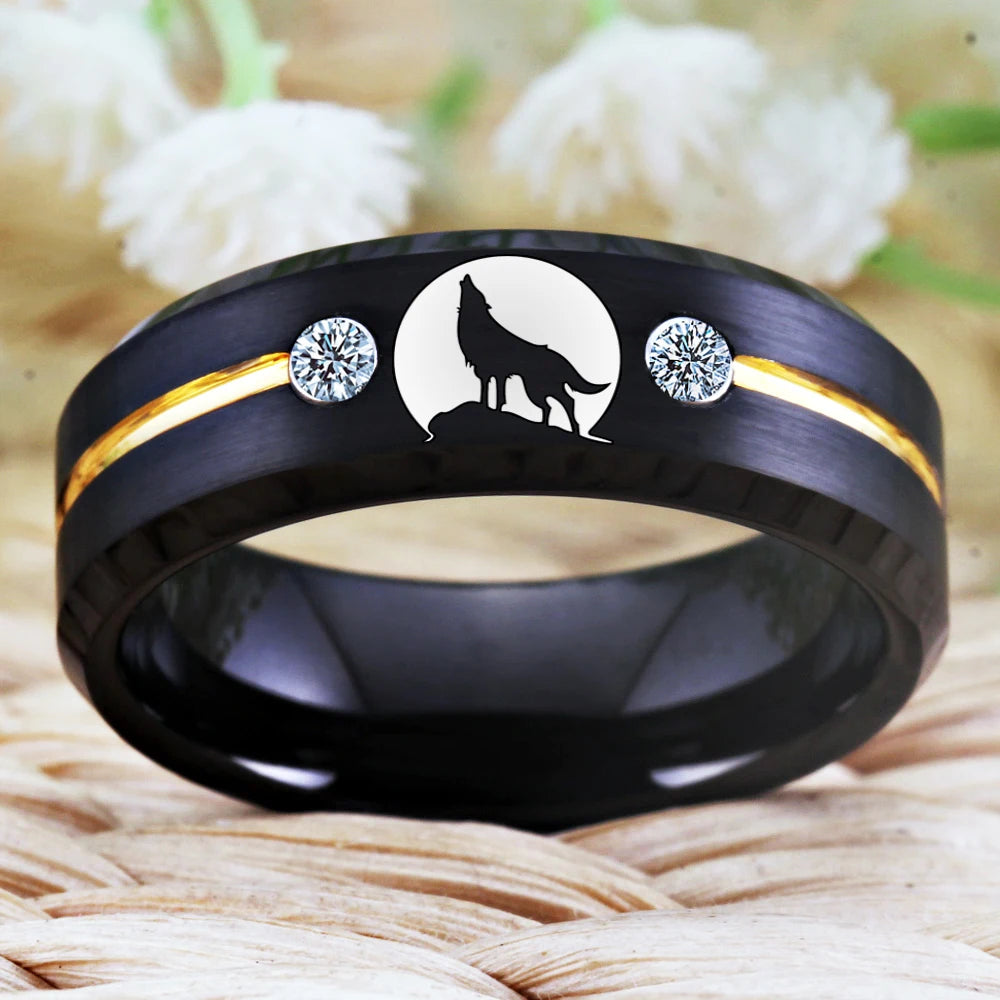 Tungsten Carbide Wolf Howling Moon Ring