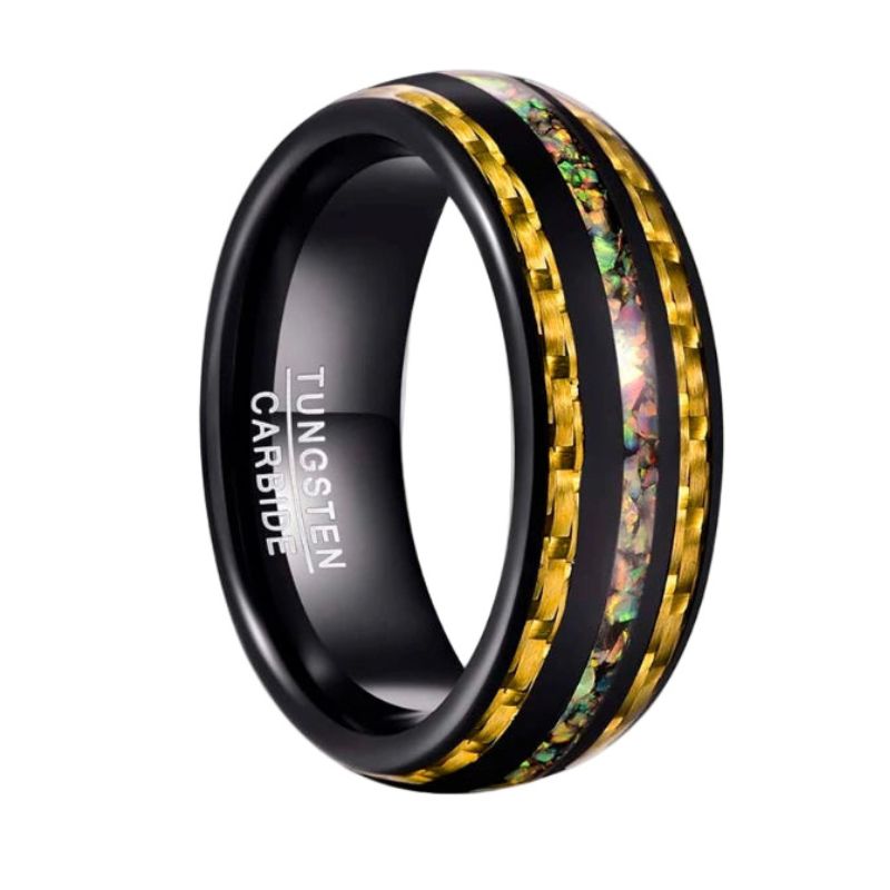Tungsten carbide ring with gold and multicolor inlay