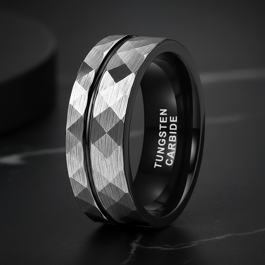 Tungsten Carbide Engagement Ring Hammered Brushed Finish