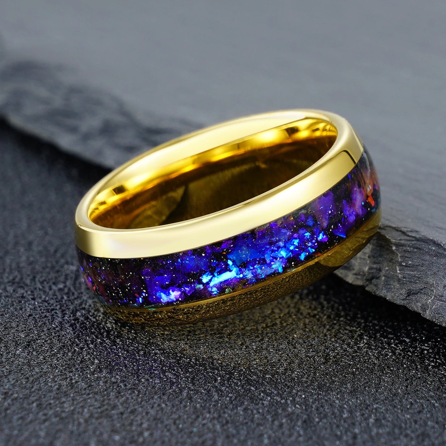 Tungsten Carbide Gold Ring with Blue Nebular Inlay