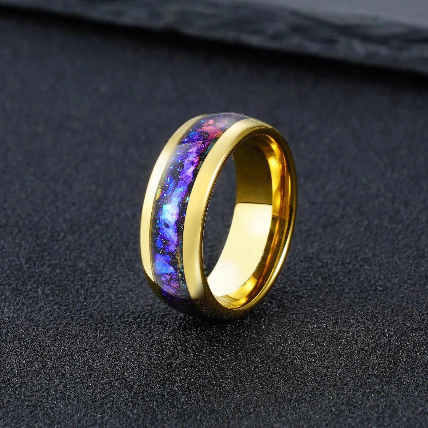 Tungsten Carbide Gold Ring with Blue Nebular Inlay