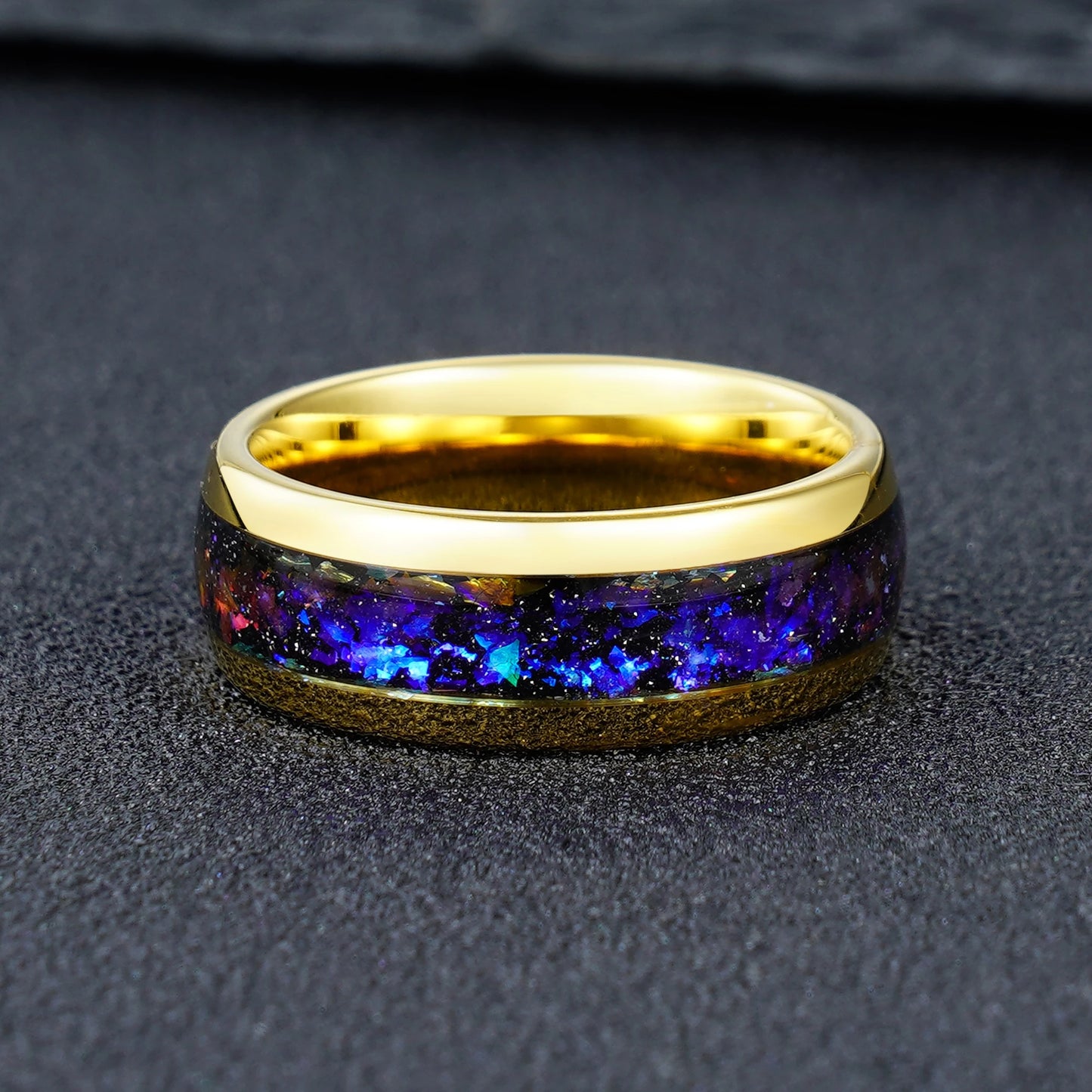 Tungsten Carbide Gold Ring with Blue Nebular Inlay